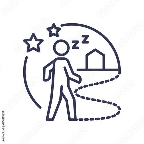 Illustration of sleepwalking with stars, a house, and a walking figure, symbolizing unconscious activity.