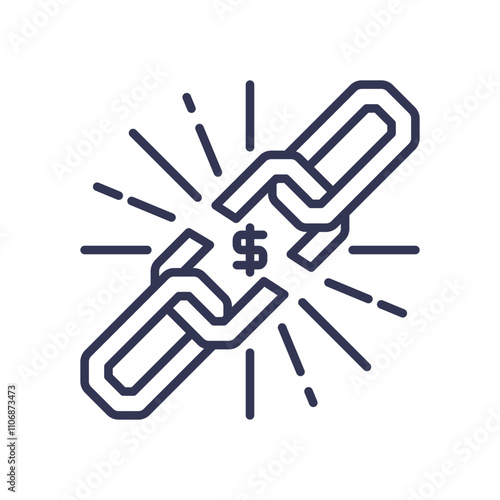Broken chain with dollar sign symbolizes financial violation or economic disruption.