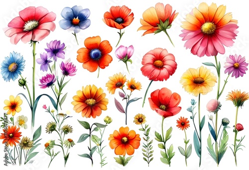 Colorful floral pattern with various blooms in vibrant hues