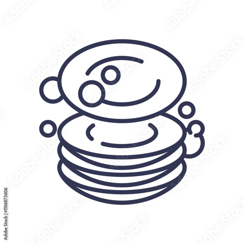 Stack of dishes with soap bubbles, symbolizing dishwashing.
