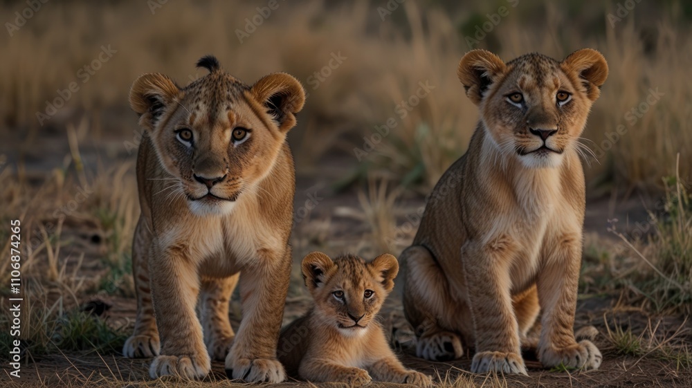 Three lion cubs, two older and one younger, sitting together in the grass. Three lion cubs, two older and one younger, sitting together in the grass.