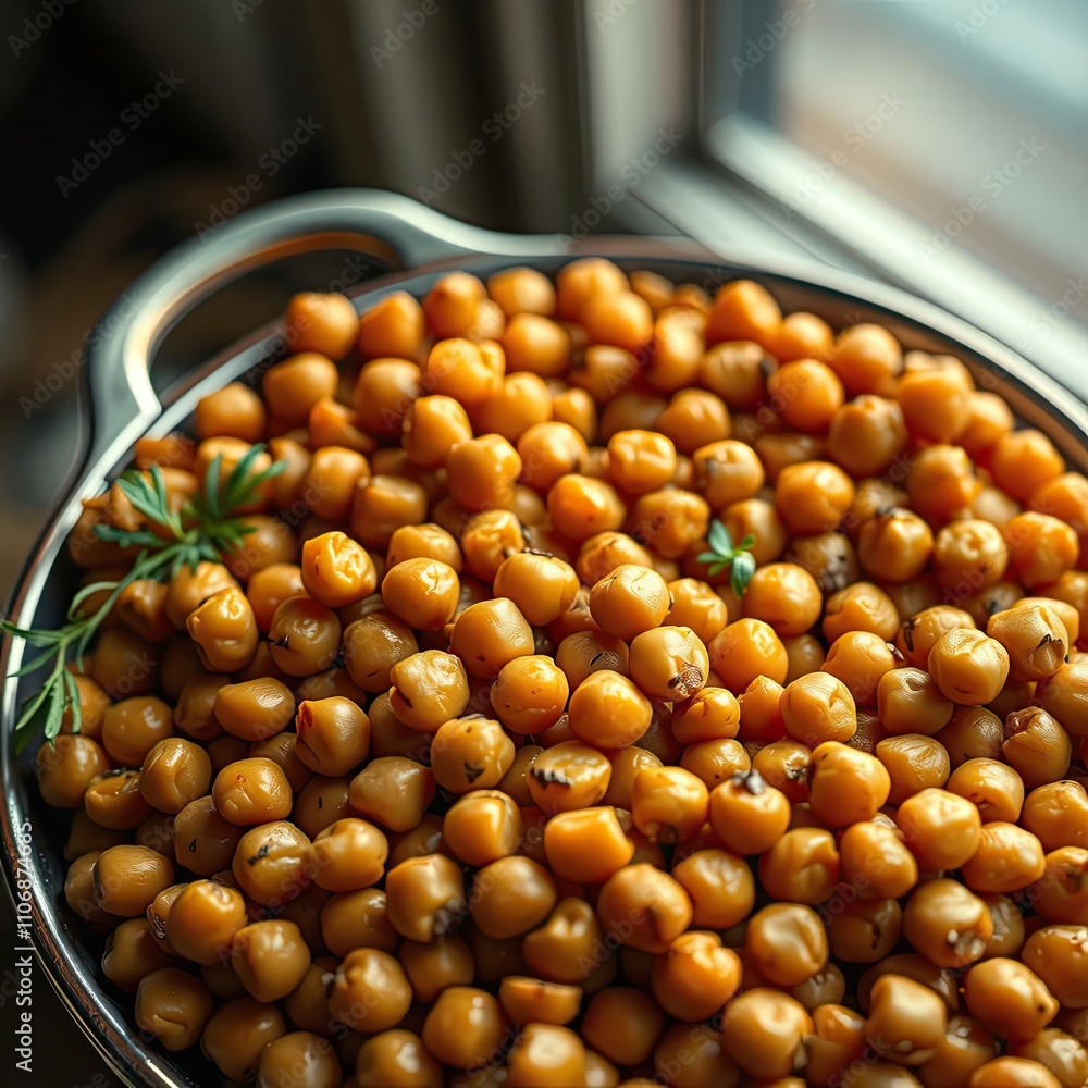Detail shot of a serving dish filled with cooked chickpeas, ingredients, legumes Detail shot of a serving dish filled with cooked chickpeas, ingredients, legumes