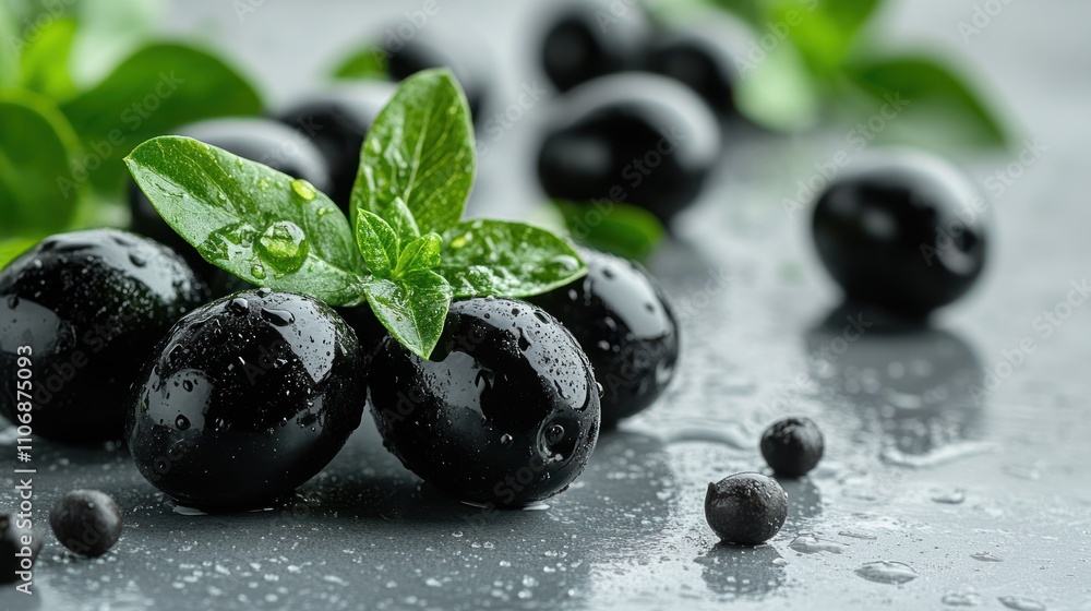 Fresh black olives with green leaves, water droplets, on a gray surface. Fresh black olives with green leaves, water droplets, on a gray surface.
