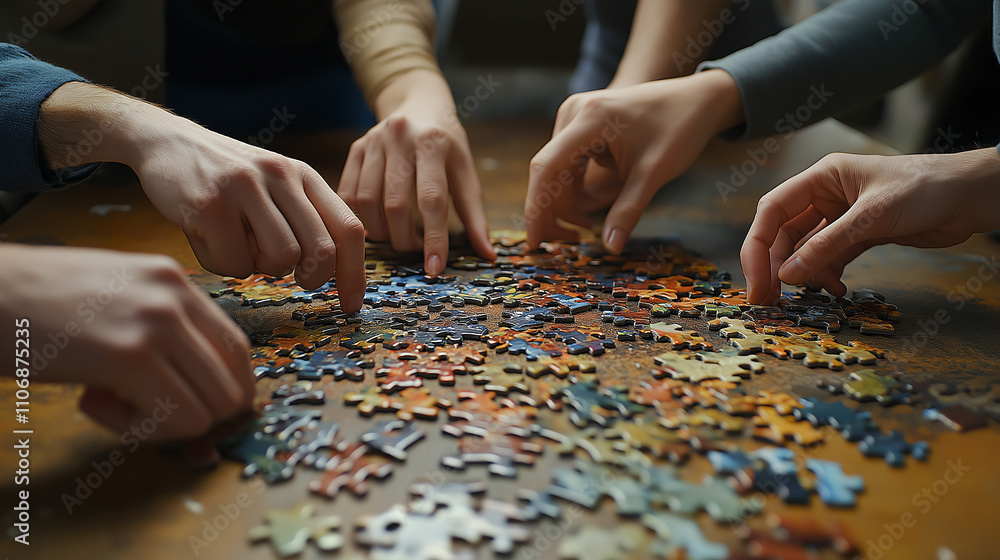 Hands assembling puzzle pieces on wooden table Hands assembling puzzle pieces on wooden table