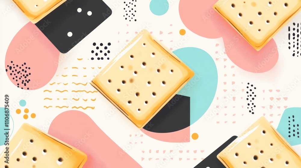 A pattern of square crackers on a background of colorful geometric shapes. A pattern of square crackers on a background of colorful geometric shapes.
