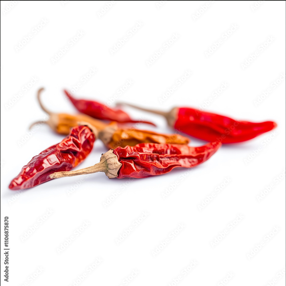 Close-up image showcasing dried red chili peppers with vibrant colors on a bright white background, emphasizing natural textures and the spice's culinary uses. Close-up image showcasing dried red chili peppers with vibrant colors on a bright white background, emphasizing natural textures and the spice's culinary uses.