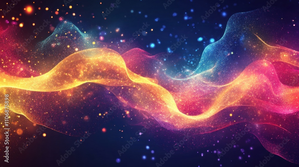 Abstract wavy pattern of particles, neon colors, bright technology theme, 
