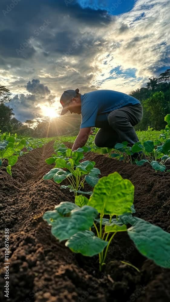 A Farmer Tending to His Crops at Sunset with Vibrant Sky and Green Vegetation