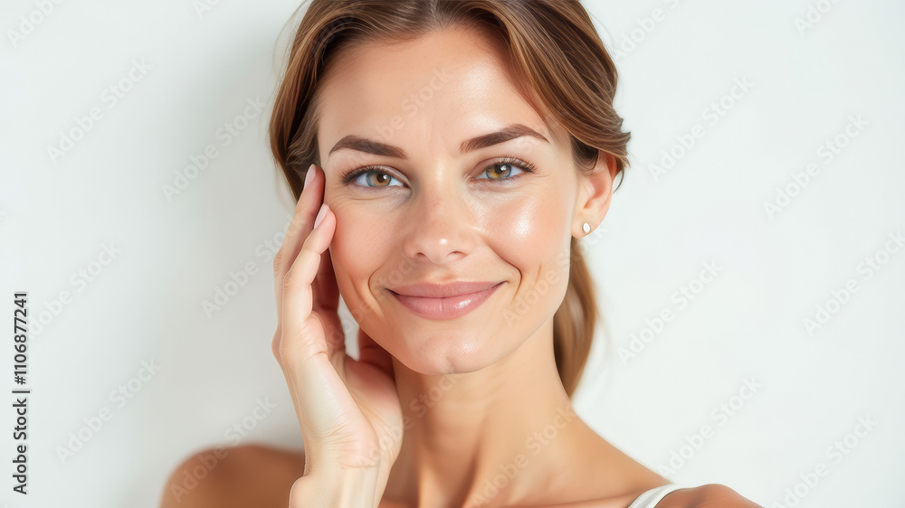 Close-up portrait of a smiling woman with natural makeup touching her face against a white background. Concept of beauty, skincare or wellness Close-up portrait of a smiling woman with natural makeup touching her face against a white background. Concept of beauty, skincare or wellness