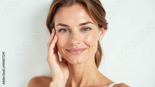 Close-up portrait of a smiling woman with natural makeup touching her face against a white background. Concept of beauty, skincare or wellness