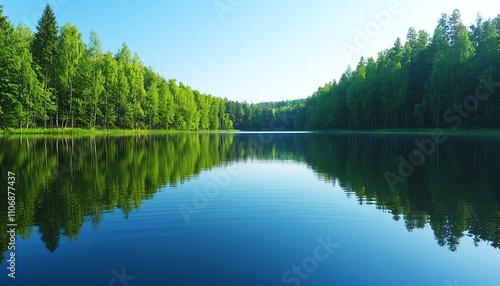 A tranquil lake surrounded by trees, with rippling reflections, Happy Sunday life, peace nature