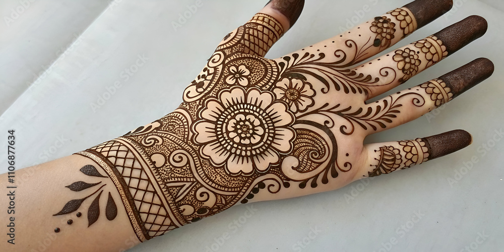 Obraz premium Intricate Mehndi (henna) patterns with floral and paisley designs, set against a neutral background
