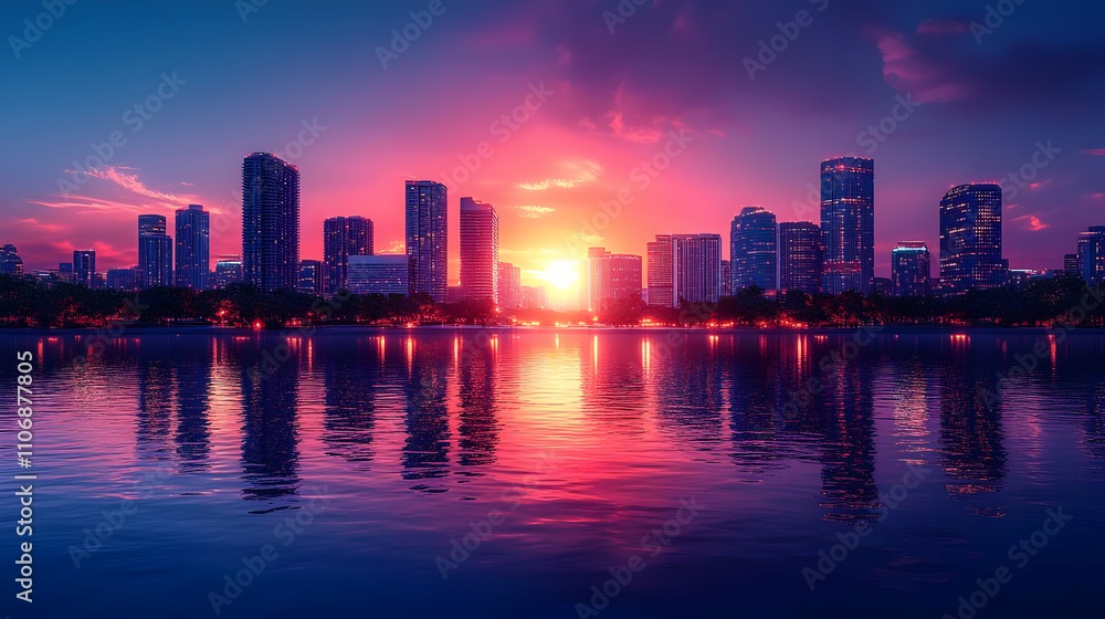 Cityscape Sunset Reflection - Digital Illustration Cityscape Sunset Reflection - Digital Illustration