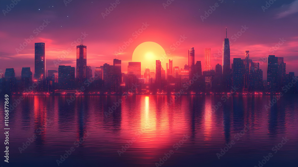 Fototapeta premium Cityscape Illustration with Sunset Over Water