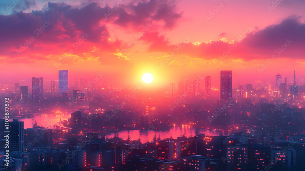 Fototapeta premium Cityscape Illustration with Sunset Sky