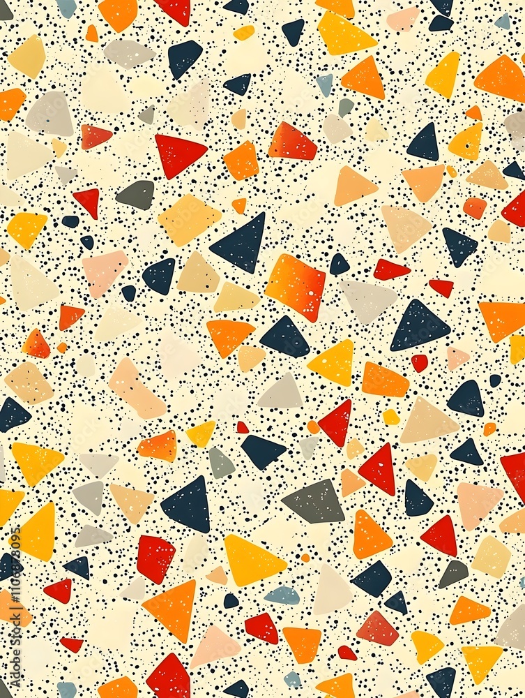 Colorful abstract background featuring a variety of shapes including triangles, circles, and polygons in warm tones on a light background. Colorful abstract background featuring a variety of shapes including triangles, circles, and polygons in warm tones on a light background.