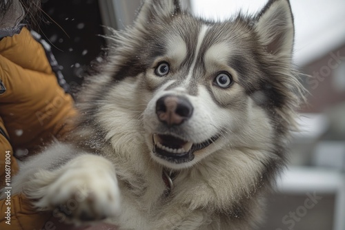 Playful husky dog with striking blue eyes looking at the camera, paw outstretched, in snowy weather.