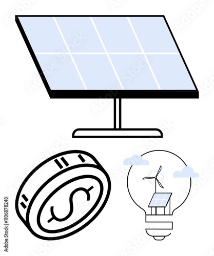 Solar panel, coin, and light bulb with solar panel and windmill inside. Ideal for renewable energy, sustainability, green technology, eco-friendly solutions, energy savings, future innovations