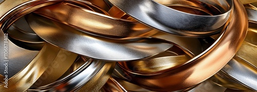 A contemporary 3D canvas with a collection of layered metallic rings in gold, silver, and copper, overlapping and intertwining to form a complex, textured composition photo