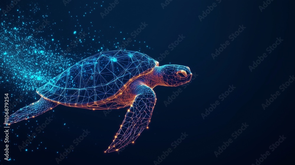 Obraz premium Loggerhead Turtle in Futuristic Abstract Design, Featuring Low Poly Wireframe and Glowing Particles on Dark Blue Background.