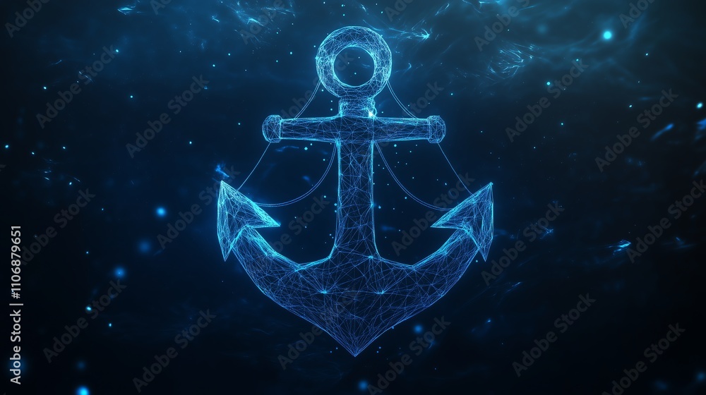 Fototapeta premium Abstract Anchor Logo with Low Poly Wireframe on a Dark Blue Background, Enhanced by Glowing Particles for a Modern, Nautical-Themed Design.