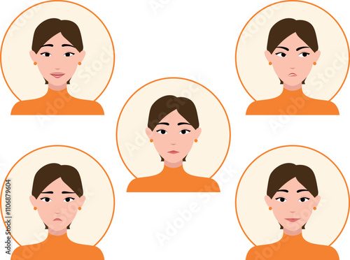 「ショートヘア女性の喜怒哀楽」ベクターイラストセット