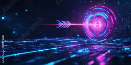 Abstract Digital Target with Bold Arrow in the Center, Representing Strategic Business Success in a Futuristic Glowing Design