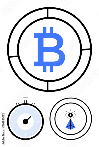 Bitcoin symbol in circular frame blue stopwatch eye with geometric elements. Ideal for cryptocurrency, finance, blockchain, digital currency, investment, technology, cybersecurity. Line metaphor