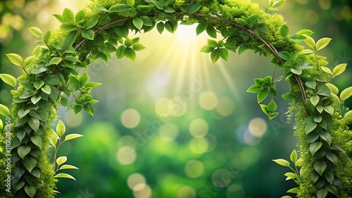 Elegant Arch-Shaped Botanical Leaf Frame with Bokeh Effect, Perfect for Nature-Inspired Designs and Invitations, Showcasing Lush Greenery and Soft Background Blurs