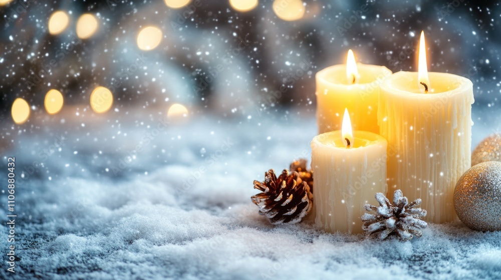 Christmas candles stand on the table with white silver snow background on the left with copy space for text on the right.t Christmas candles stand on the table with white silver snow background on the left with copy space for text on the right.t