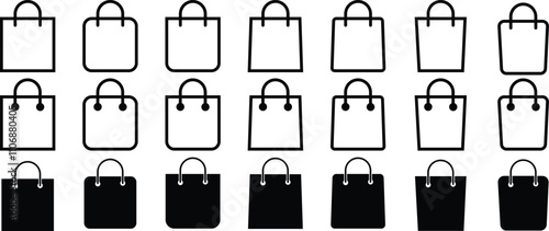 Shopping bag icon set- Shopping bags icons, packages symbol in filled, thin line, outline and stroke style. Shopping illustration
