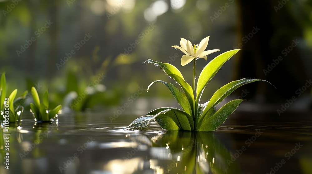 Obraz premium A Single White Flower Emerging from a Swamp