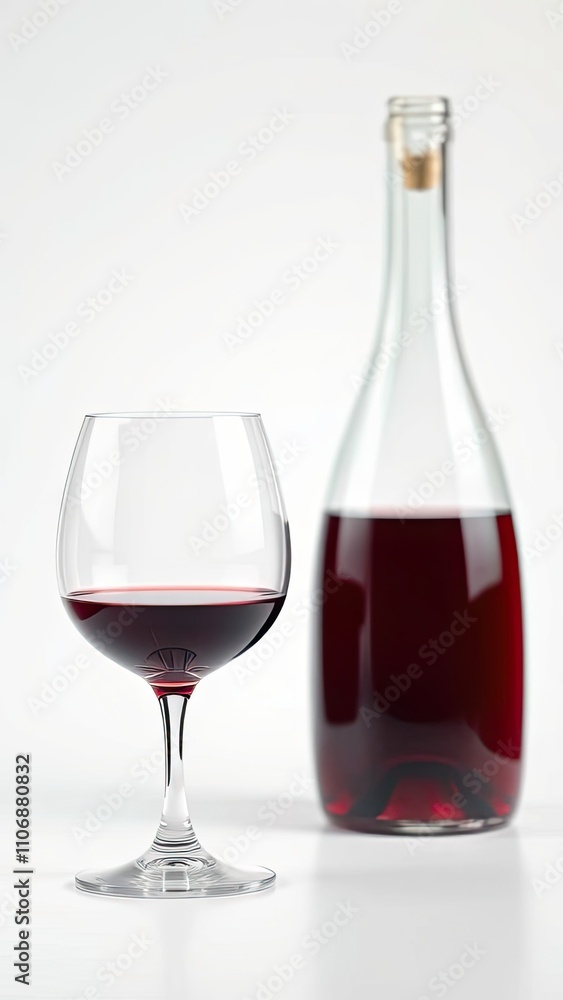 Glass of red wine and a bottle isolated on a white background with a shallow depth of field effect, refined, , elegance, luxury, beverage Glass of red wine and a bottle isolated on a white background with a shallow depth of field effect, refined, , elegance, luxury, beverage