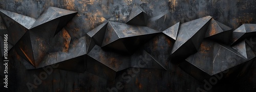 A textured 3D canvas featuring angular forms in dark, matte colors with sharp edges and subtle metallic highlights, layered to create an industrial, high-tech aesthetic