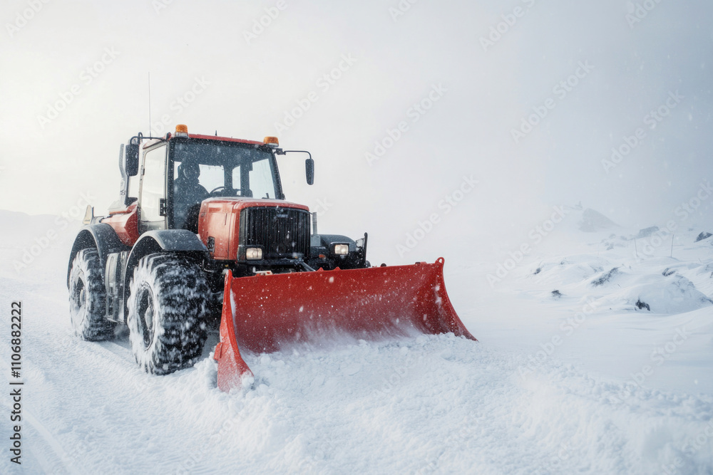 Red tractor removing snow on a snowy mountain road Red tractor removing snow on a snowy mountain road