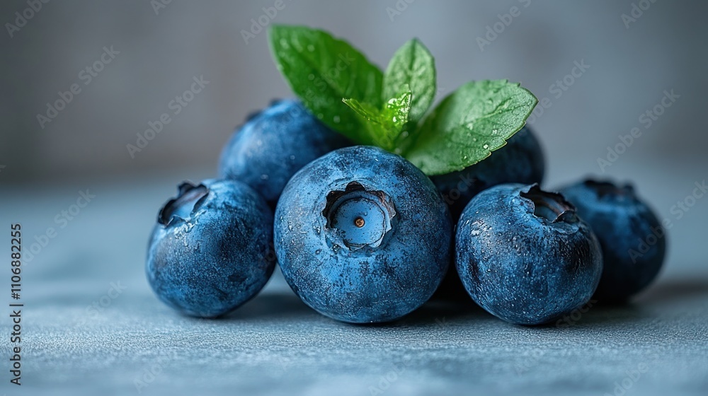 Fresh blueberries with mint leaves on a blue surface. Fresh blueberries with mint leaves on a blue surface.