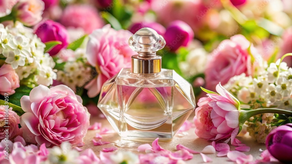 Elegant Crystal Perfume Bottle Surrounded by Soft Pink and White Floral Arrangement for a Luxurious and Romantic Ambience in Food Photography Style Elegant Crystal Perfume Bottle Surrounded by Soft Pink and White Floral Arrangement for a Luxurious and Romantic Ambience in Food Photography Style