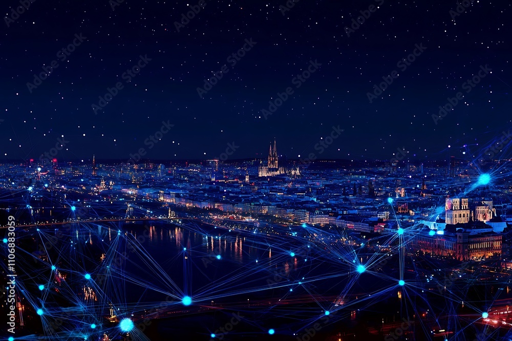 Fototapeta premium Night Cityscape Illuminated With Network Connections