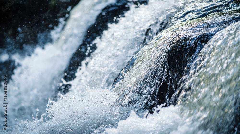 Close-up of a waterfall, highlighting the powerful flow and detail of the water Close-up of a waterfall, highlighting the powerful flow and detail of the water