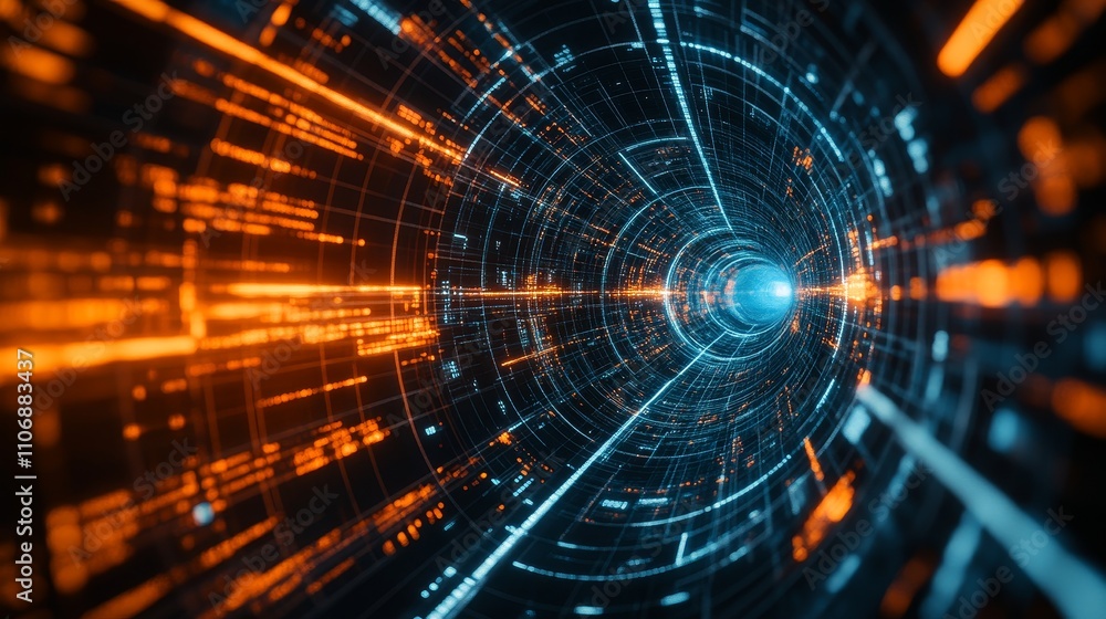 Obraz premium Abstract digital tunnel with glowing lines and data patterns