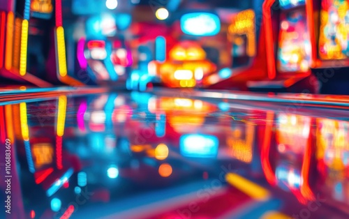 Ground level angle view close up, surface of glass-top chrome table, with a retro arcade background, blurred pinball machines and neon lights, copy space, ad promo template, vintage gaming style photo