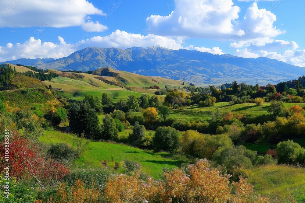 A panoramic view of rolling hills blanketed in autumn foliage A panoramic view of rolling hills blanketed in autumn foliage