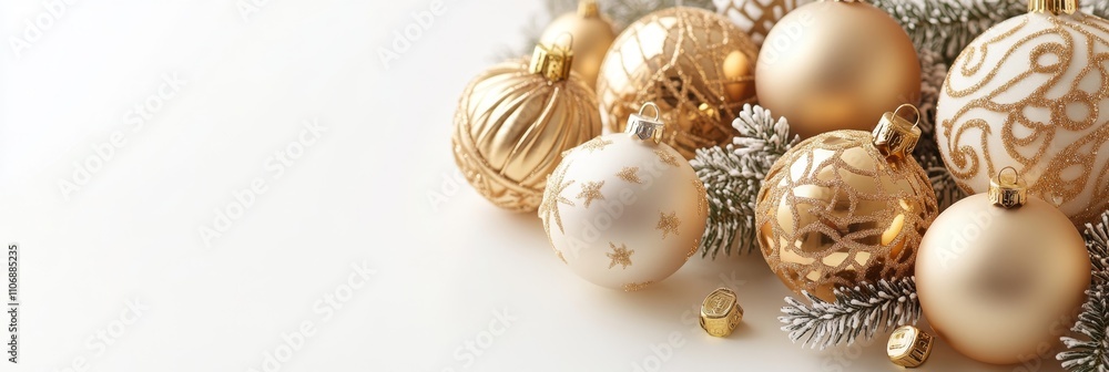 Glowing Gold Christmas Ornaments on White Background with Festive Elegance for Holiday Designs Glowing Gold Christmas Ornaments on White Background with Festive Elegance for Holiday Designs