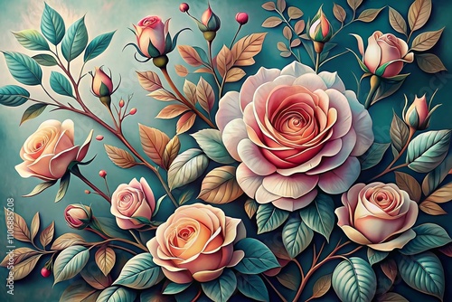 Elegant Floral Blooming Rose Branch Illustration Sketch Perfect for Fashion Photography and Design Projects, Showcasing Natural Beauty and Artistic Floral Elements in Soft Colors