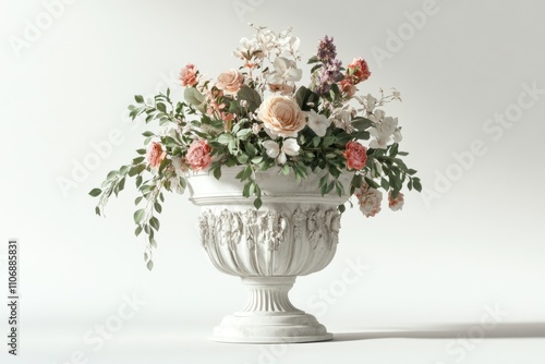 Classic roman-style white cement pot with varied flower displays in a crisp white setting