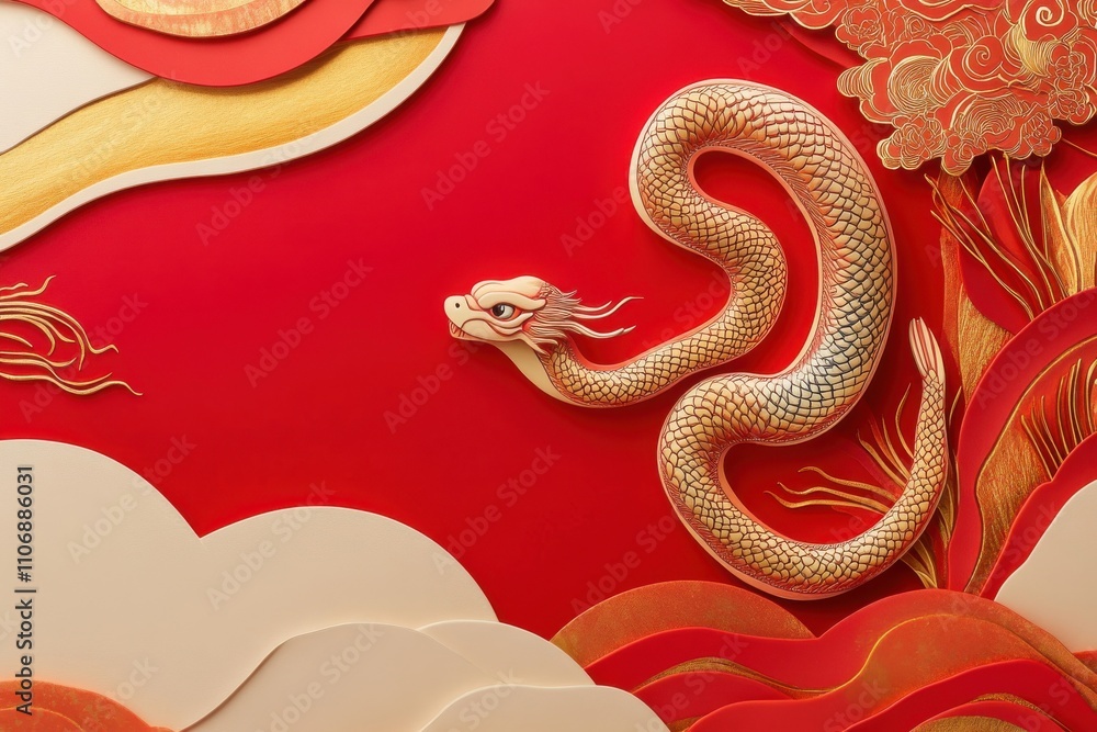Modern art display for the lunar new showcasing red, gold, and white across covers, cards, posters, and banners featuring the serpent zodiac symbol and ancient characters for festivities Modern art display for the lunar new showcasing red, gold, and white across covers, cards, posters, and banners featuring the serpent zodiac symbol and ancient characters for festivities