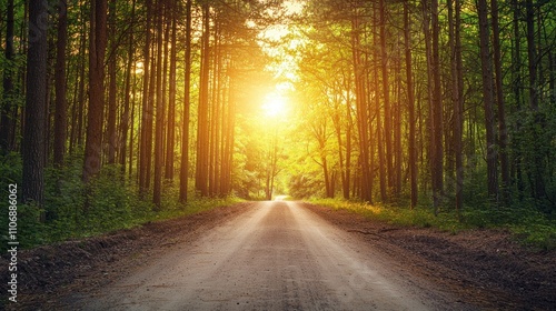 Forest road cutting through dense trees, with sunlight filtering through the branches