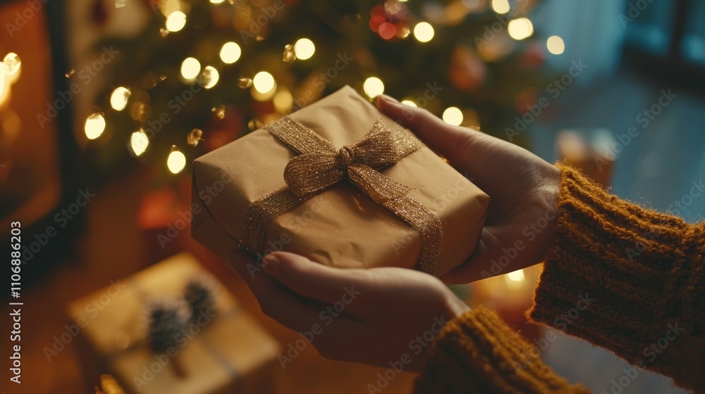 Gift giving scene with a person handing a beautifully wrapped present to someone Gift giving scene with a person handing a beautifully wrapped present to someone