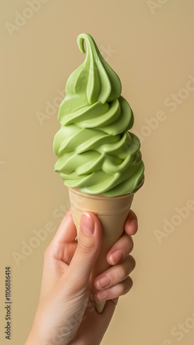 Green tea soft serve isolated on beige background