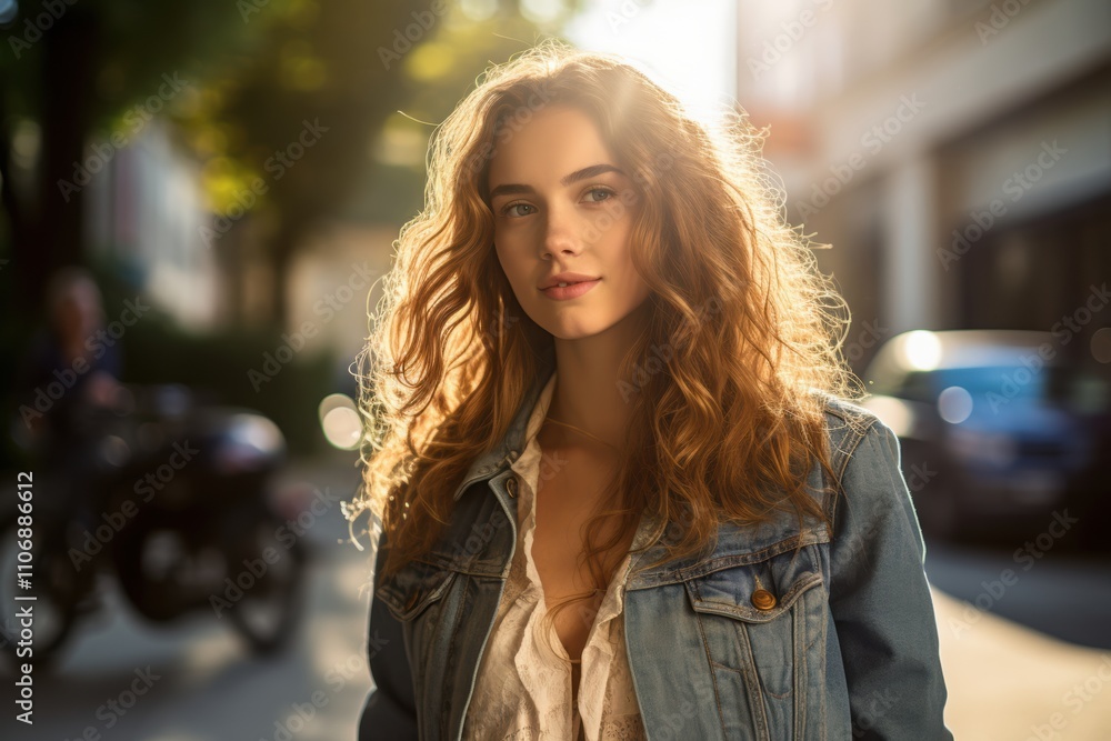 A woman with long red hair is wearing a denim jacket and standing on a sidewalk A woman with long red hair is wearing a denim jacket and standing on a sidewalk